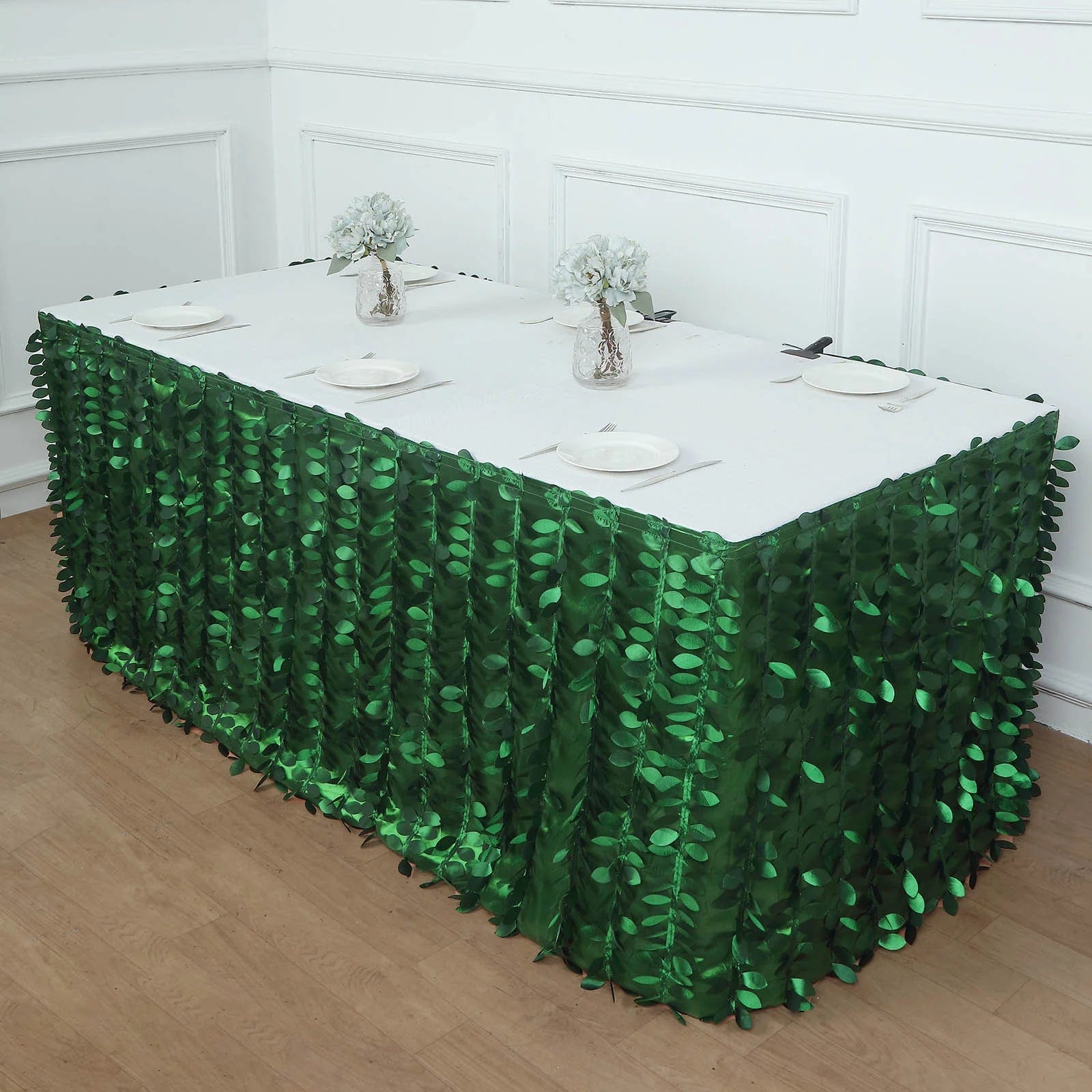 17 ft 3D Leaf Petal Taffeta Fabric Table Skirt - Green SKT_LEAF_GRN_17