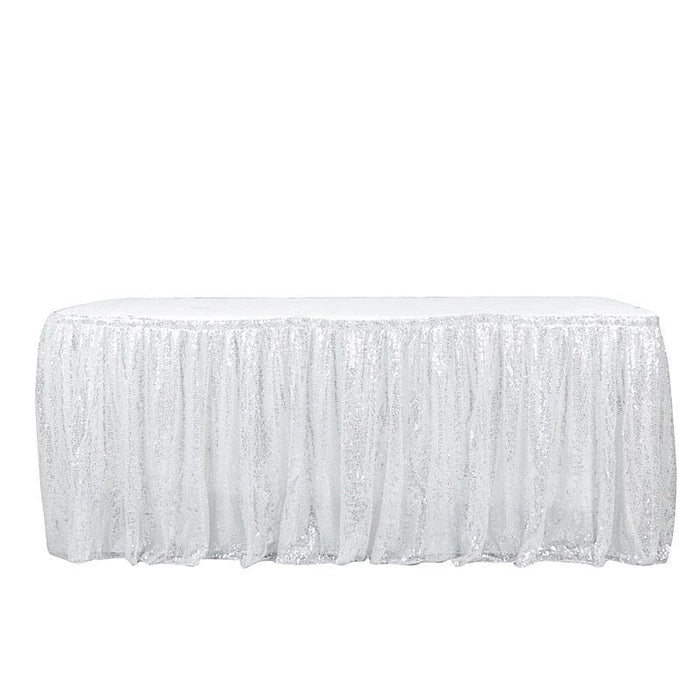 17 ft Sequin Pleated Satin Table Skirt with Velcro Strip SKT_02P_SILV_17