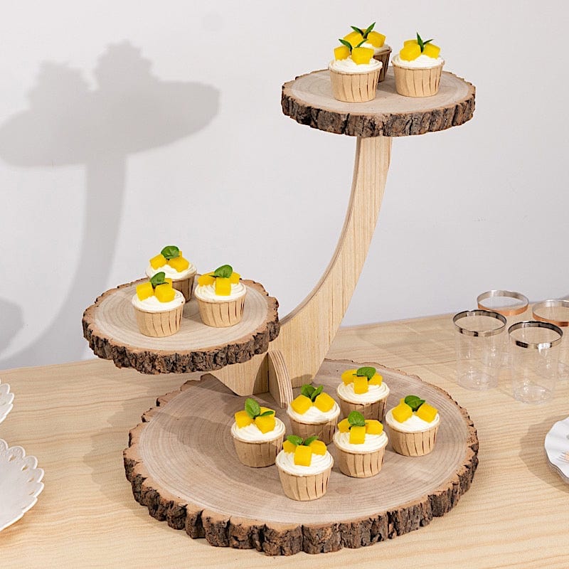17" Tall 3 Tier Rustic Wood Slice Cupcake Stand in Tree Branch Style - Natural CAKE_WOD016_3T_NAT