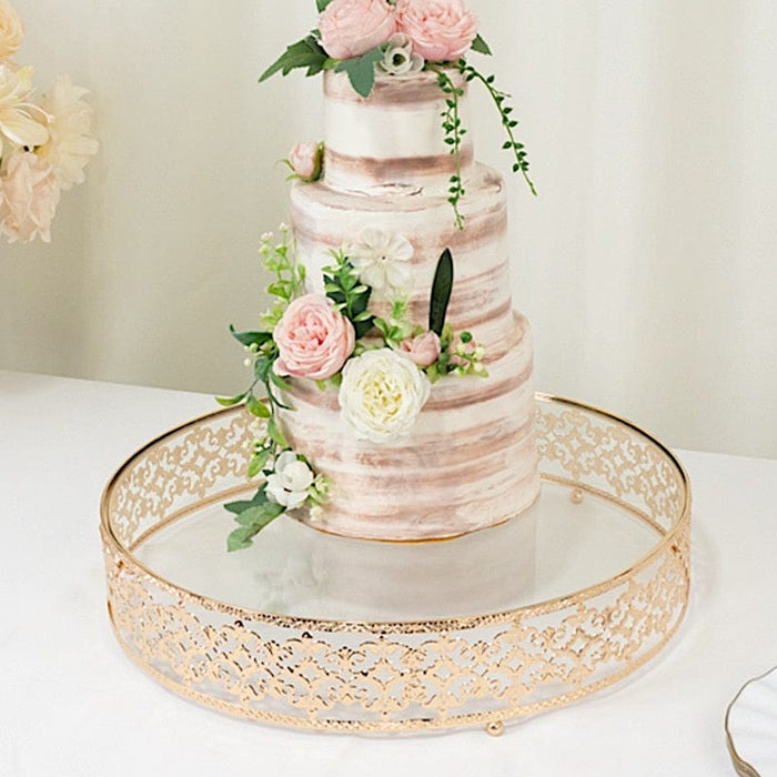 18" Round Baroque Design Metal with Glass Cake Stand - Gold and Clear CHDLR_CAKE26_18_GOLD