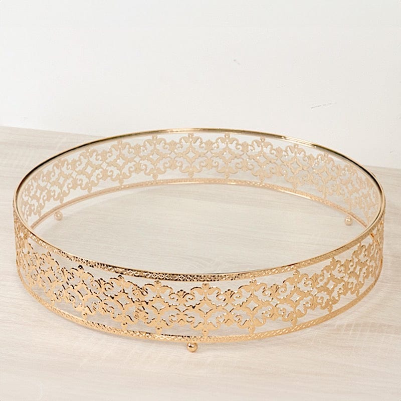 18" Round Baroque Design Metal with Glass Cake Stand - Gold and Clear CHDLR_CAKE26_18_GOLD