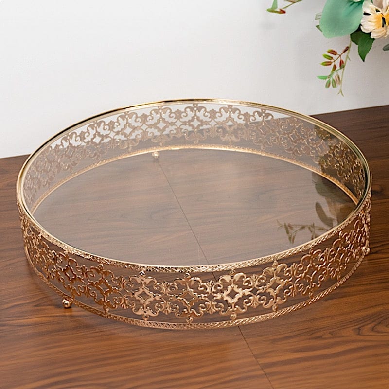 18" Round Baroque Design Metal with Glass Cake Stand - Gold and Clear CHDLR_CAKE26_18_GOLD