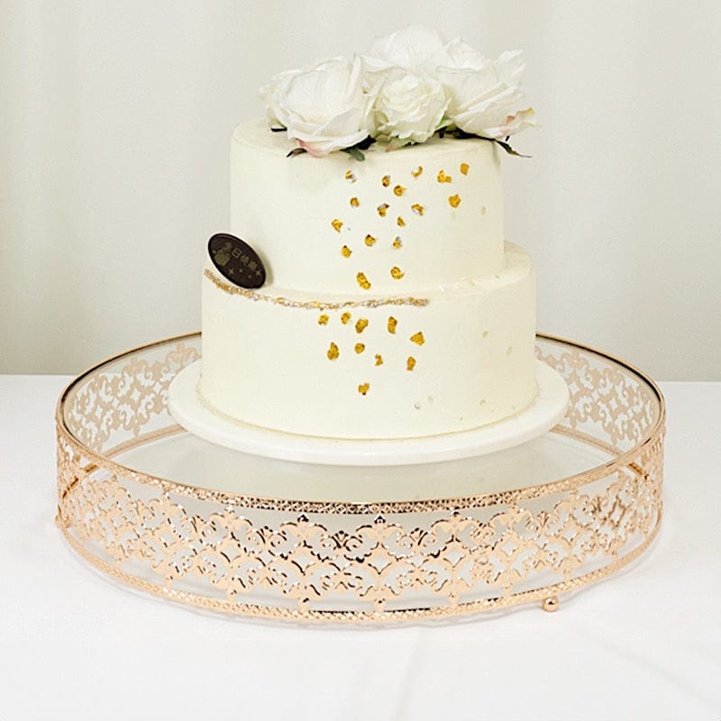 18" Round Baroque Design Metal with Glass Cake Stand - Gold and Clear CHDLR_CAKE26_18_GOLD