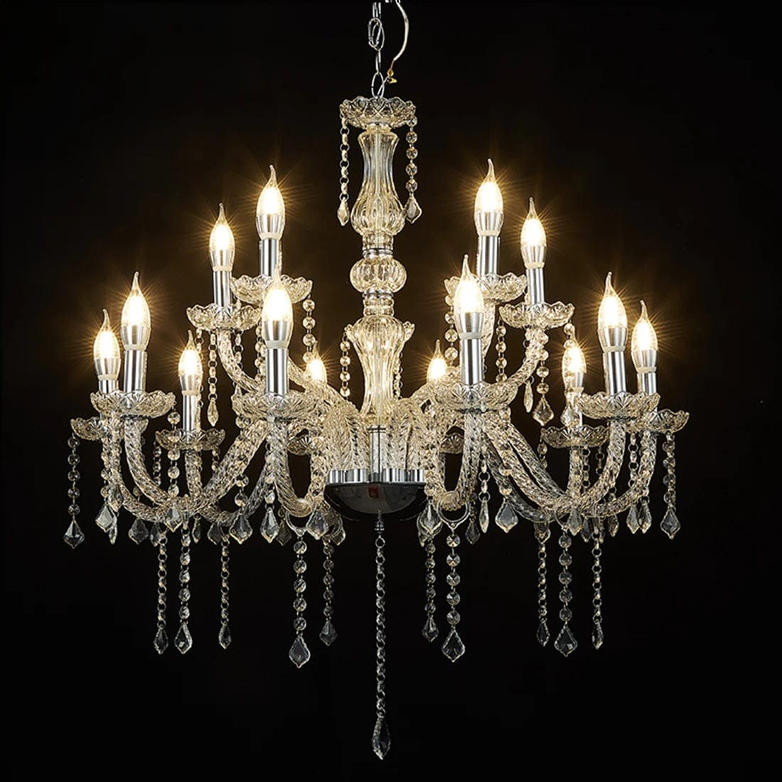 2.5 ft Acrylic 2 Tier Crystal Chandelier with 15 LED Candle Bulbs - Clear with Silver LED_CHDLR_HANG02_4FT_SILV