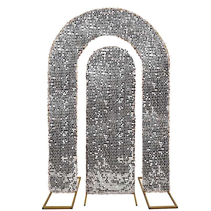 2 Big Sequin Wedding Arch Backdrop Stand Covers IRON_STND18_71S_SET_SILV