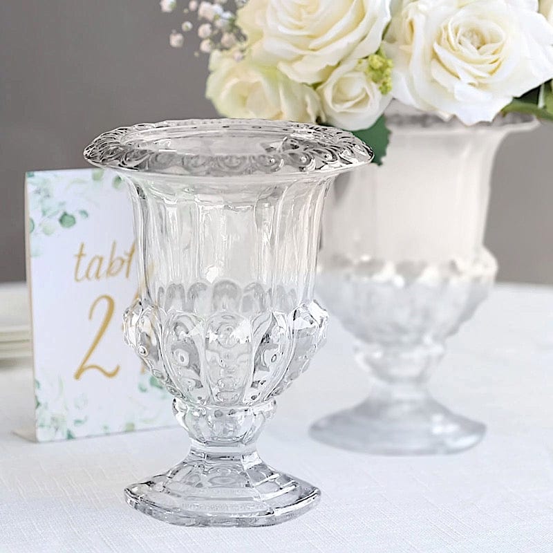 2 Classic 8" Roman Urn Style Glass Flower Vases