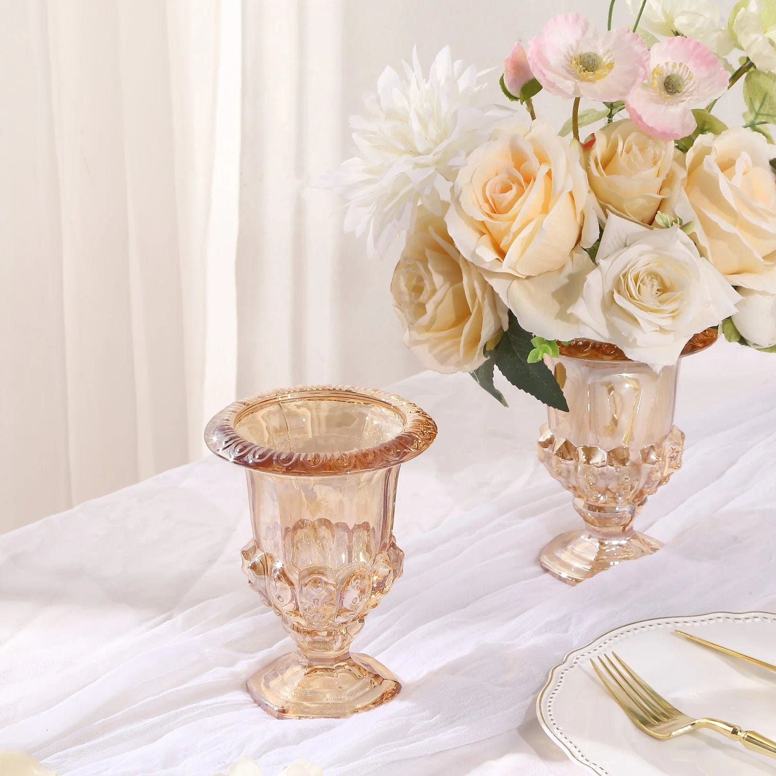 2 Classic Roman Urn Style Amber Glass Flower Vases - Amber VASE_PB007_6_AMB