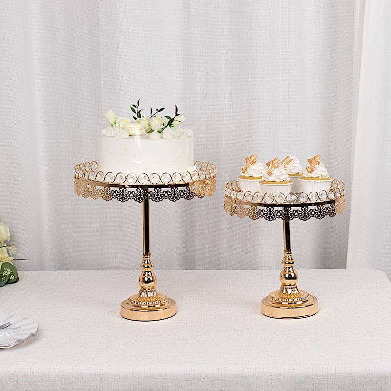 2 Crystal Beaded Metal Pedestal Cake Stands with Mirror Top - Gold CHDLR_CAKE21_SET_GOLD