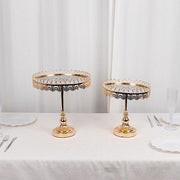 2 Crystal Beaded Metal Pedestal Cake Stands with Mirror Top - Gold CHDLR_CAKE21_SET_GOLD
