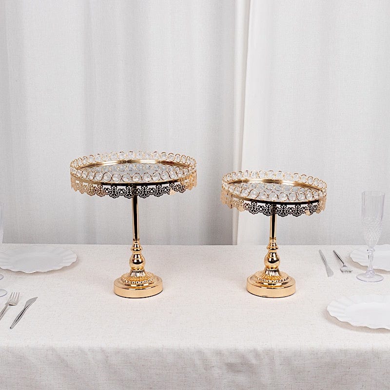 2 Crystal Beaded Metal Pedestal Cake Stands with Mirror Top - Gold CHDLR_CAKE21_SET_GOLD
