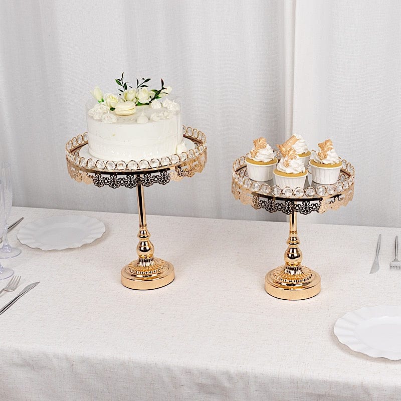 2 Crystal Beaded Metal Pedestal Cake Stands with Mirror Top - Gold CHDLR_CAKE21_SET_GOLD
