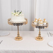 2 Crystal Beaded Metal Pedestal Cake Stands with Mirror Top - Gold CHDLR_CAKE21_SET_GOLD