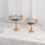 2 Crystal Beaded Metal Pedestal Cake Stands with Mirror Top - Gold CHDLR_CAKE21_SET_GOLD
