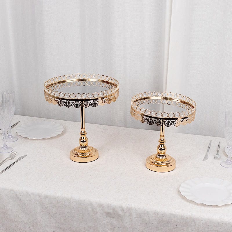 2 Crystal Beaded Metal Pedestal Cake Stands with Mirror Top - Gold CHDLR_CAKE21_SET_GOLD