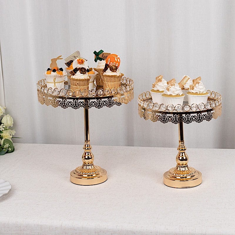 2 Crystal Beaded Metal Pedestal Cake Stands with Mirror Top - Gold CHDLR_CAKE21_SET_GOLD