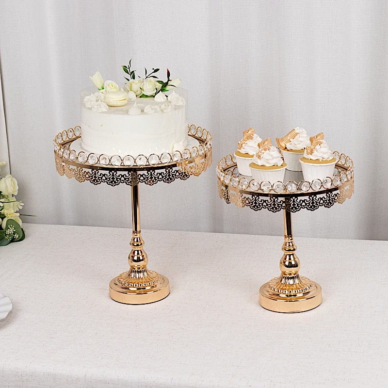 2 Crystal Beaded Metal Pedestal Cake Stands with Mirror Top - Gold CHDLR_CAKE21_SET_GOLD