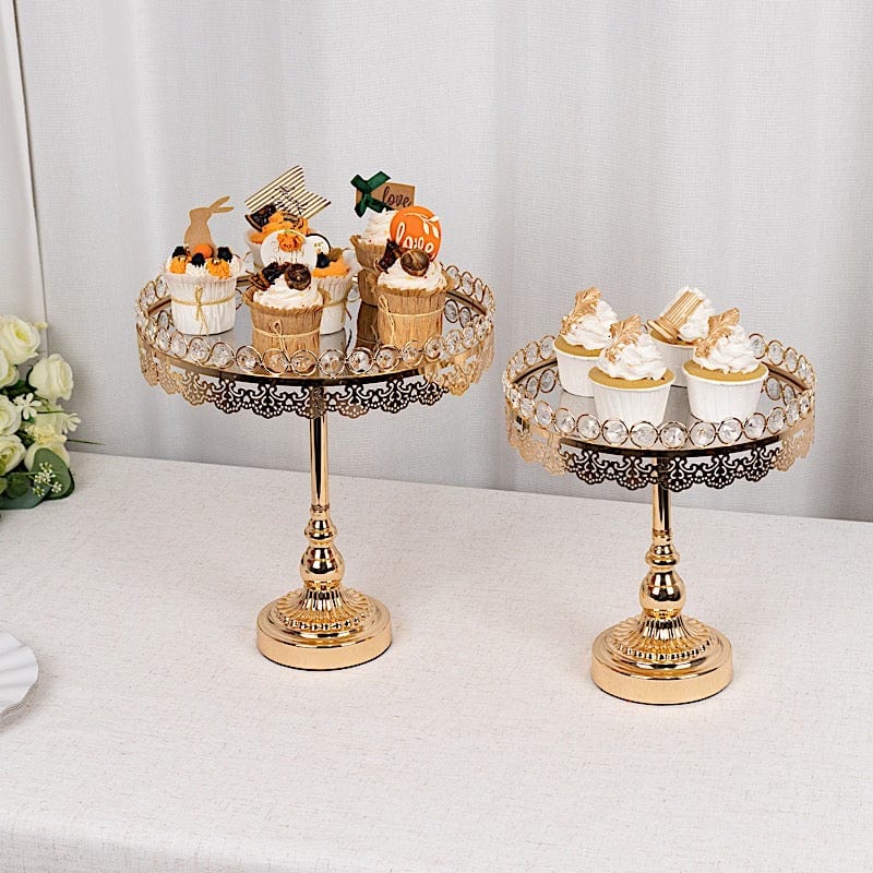 2 Crystal Beaded Metal Pedestal Cake Stands with Mirror Top - Gold CHDLR_CAKE21_SET_GOLD