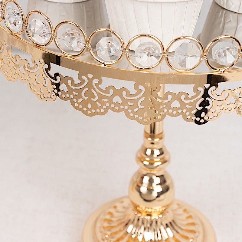 2 Crystal Beaded Metal Pedestal Cake Stands with Mirror Top - Gold CHDLR_CAKE21_SET_GOLD
