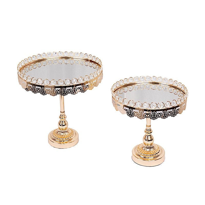 2 Crystal Beaded Metal Pedestal Cake Stands with Mirror Top - Gold CHDLR_CAKE21_SET_GOLD