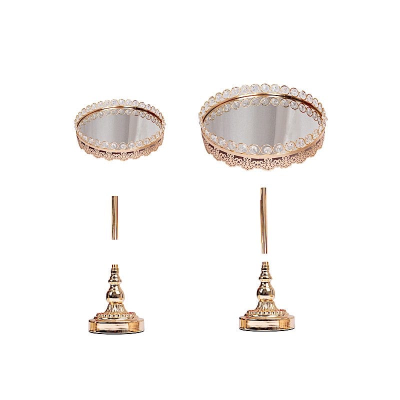 2 Crystal Beaded Metal Pedestal Cake Stands with Mirror Top - Gold CHDLR_CAKE21_SET_GOLD