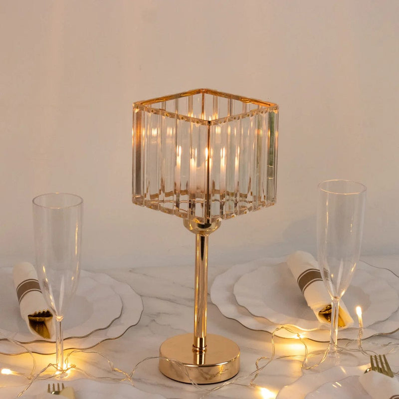 2 Crystal Pendant Square Glass Hurricane Candle Holders - Clear and Gold