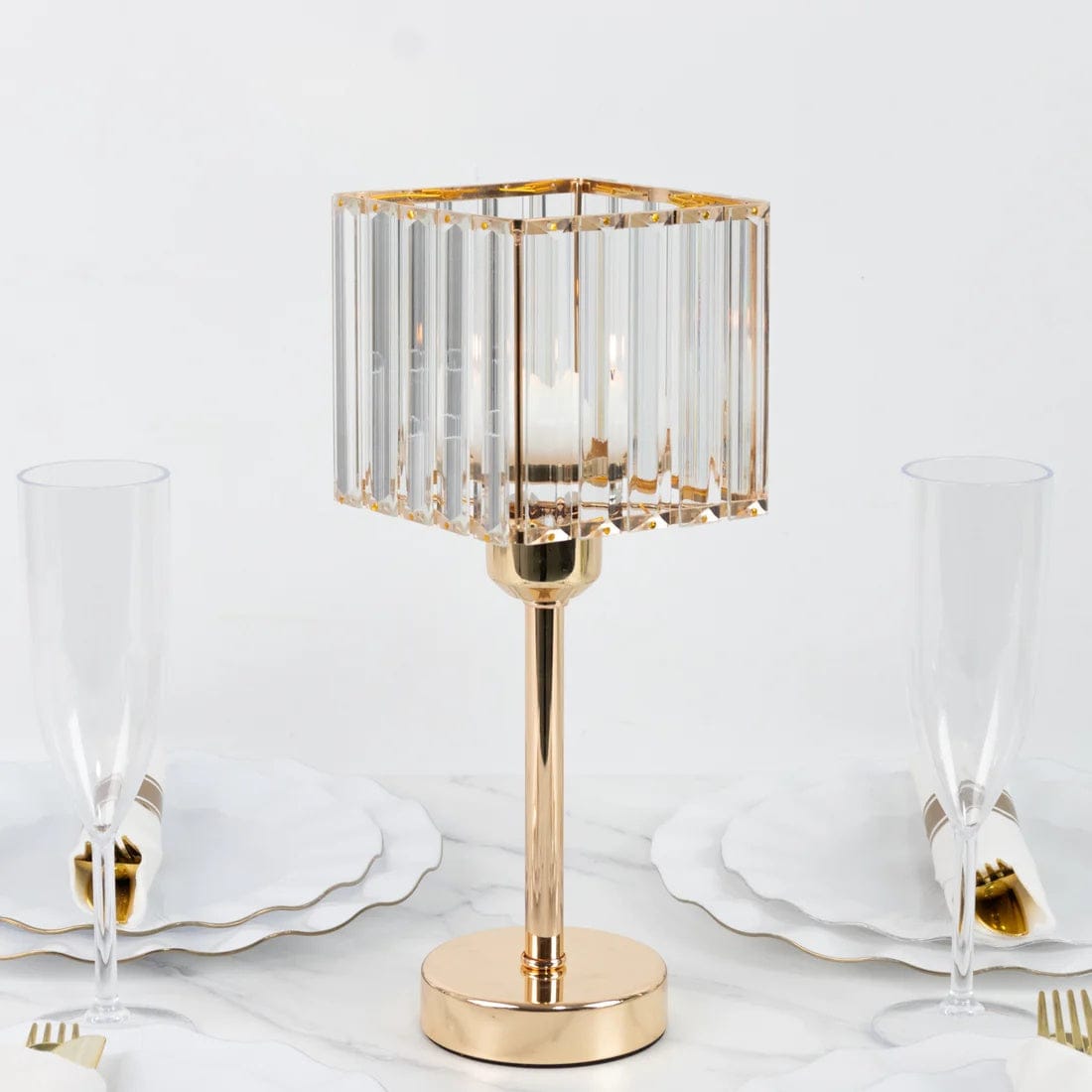 2 Crystal Pendant Square Glass Hurricane Candle Holders - Clear and Gold