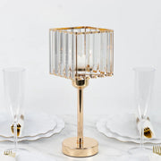 2 Crystal Pendant Square Glass Hurricane Candle Holders - Clear and Gold