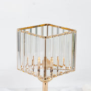 2 Crystal Pendant Square Glass Hurricane Candle Holders - Clear and Gold