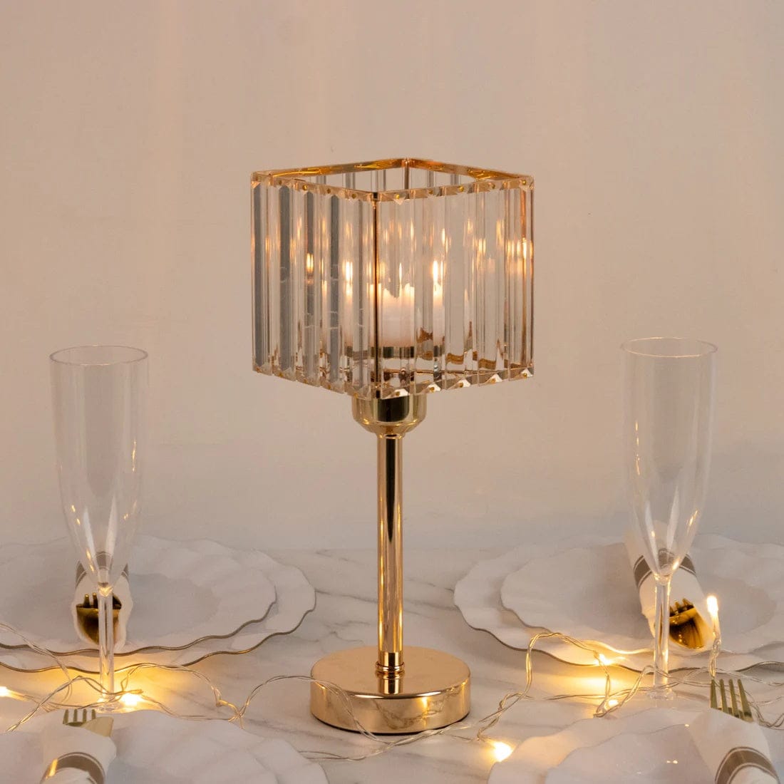 2 Crystal Pendant Square Glass Hurricane Candle Holders - Clear and Gold
