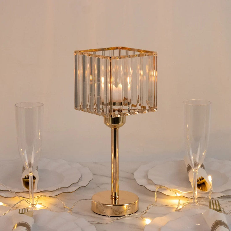 2 Crystal Pendant Square Glass Hurricane Candle Holders - Clear and Gold