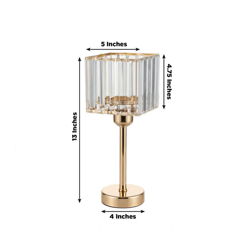 2 Crystal Pendant Square Glass Hurricane Candle Holders - Clear and Gold