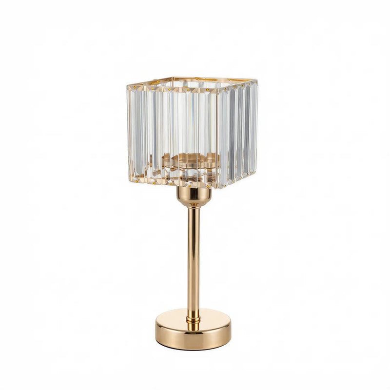 2 Crystal Pendant Square Glass Hurricane Candle Holders - Clear and Gold CHDLR_CAND_042S_13_GOLD