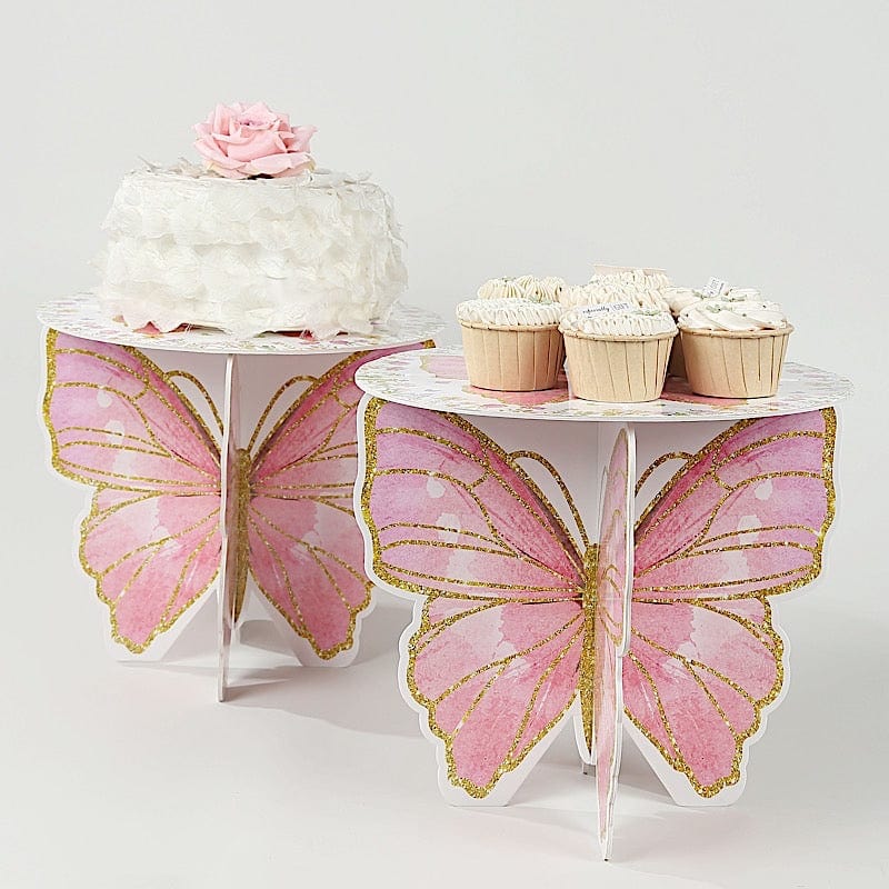 2 Glitter Butterfly Cake Stands - White and Pink CAKE_CARB012_BUT01_PINK