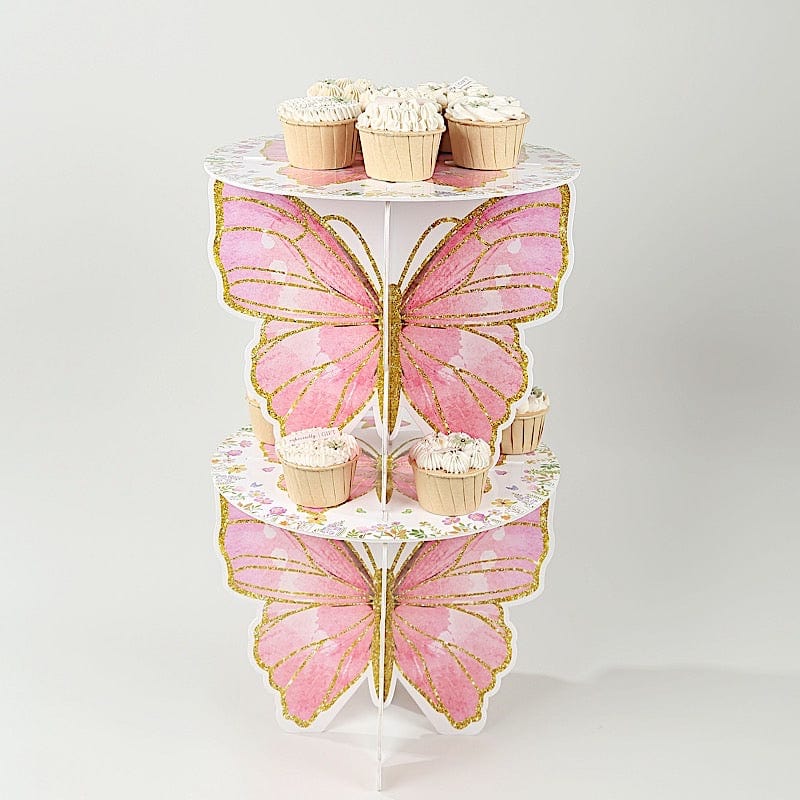 2 Glitter Butterfly Cake Stands - White and Pink CAKE_CARB012_BUT01_PINK