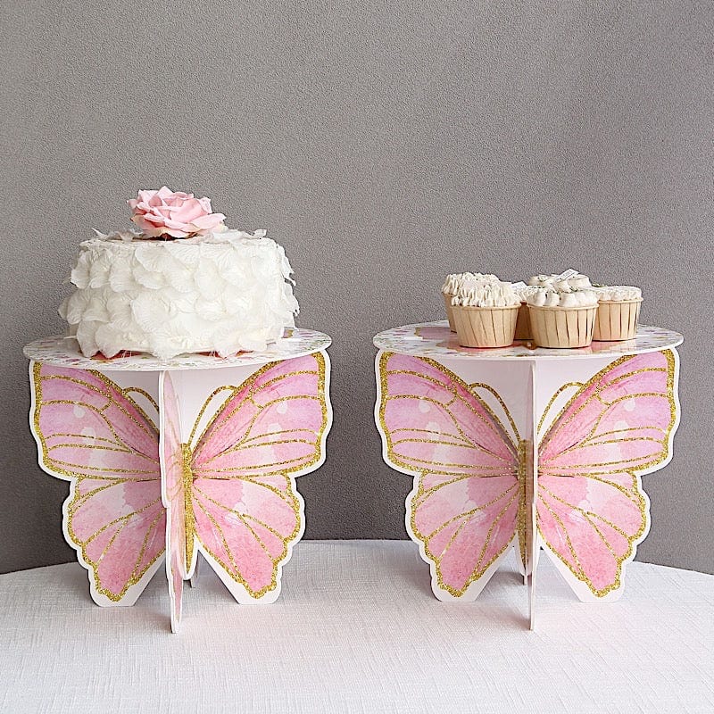 2 Glitter Butterfly Cake Stands - White and Pink CAKE_CARB012_BUT01_PINK