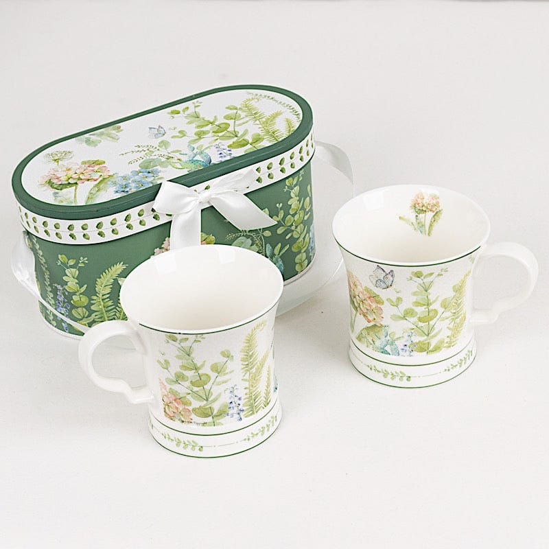 2 Greenery Porcelain Coffee Cups with Gift Box and Ribbon Handle - Sage Green FAV_TEA02_CUP01_GRN