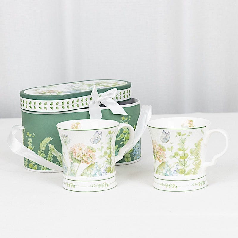 2 Greenery Porcelain Coffee Cups with Gift Box and Ribbon Handle - Sage Green FAV_TEA02_CUP01_GRN