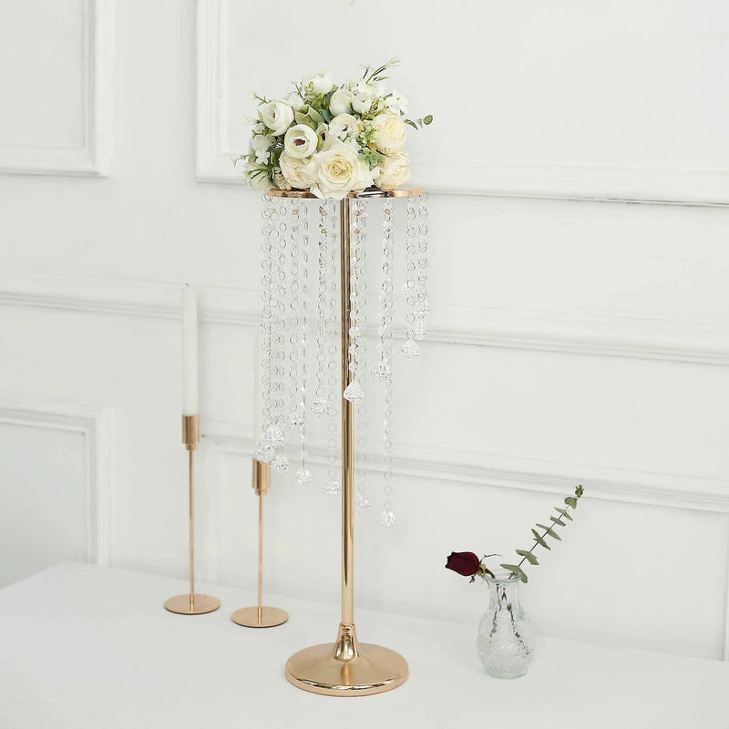 2 Metal 24" Flower Stand Table Centerpiece with Spiral Hanging Beads - Gold CHDLR_068_24_GOLD