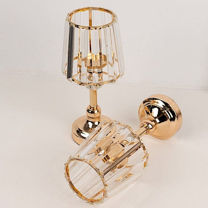 2 Metal Pillar Votive Candle Holders with Crystal Lamp Shade - Gold CHDLR_CAND_036_11_GOLD