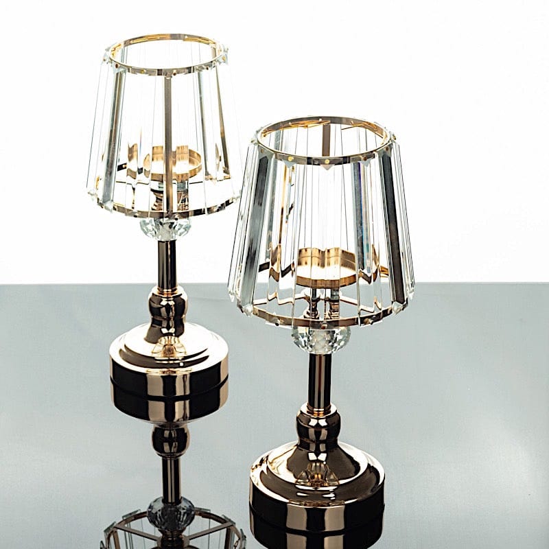 2 Metal Pillar Votive Candle Holders with Crystal Lamp Shade - Gold CHDLR_CAND_036_11_GOLD