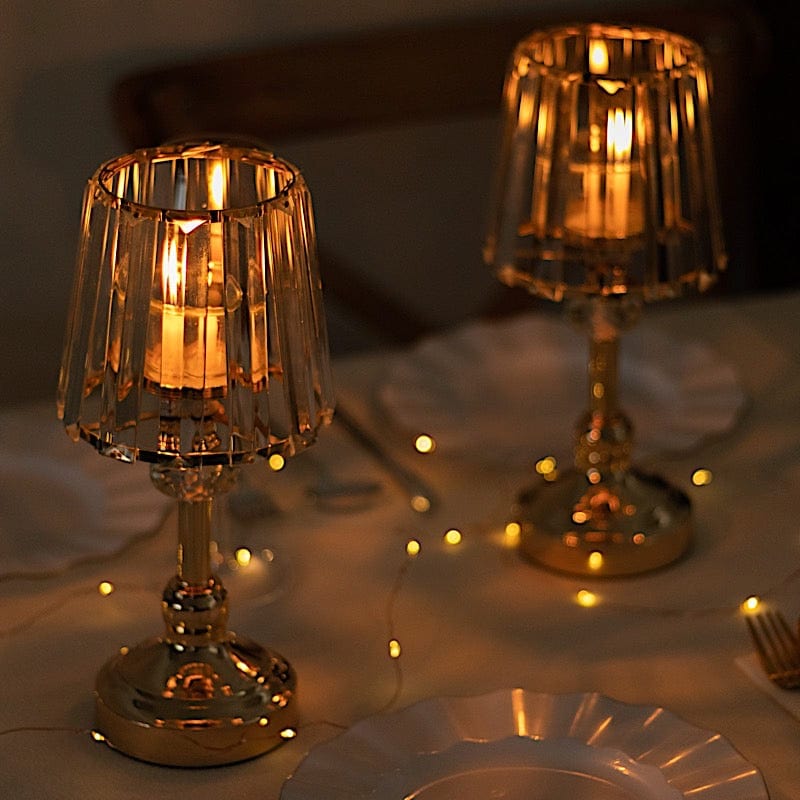 2 Metal Pillar Votive Candle Holders with Crystal Lamp Shade - Gold CHDLR_CAND_036_11_GOLD