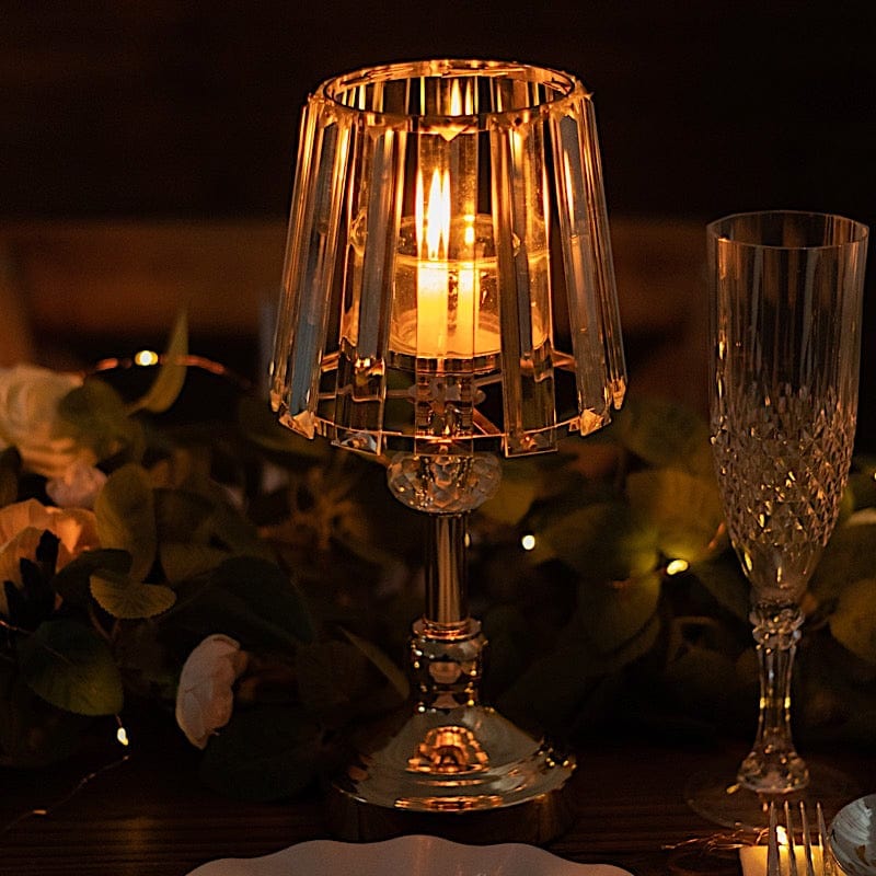 2 Metal Pillar Votive Candle Holders with Crystal Lamp Shade - Gold CHDLR_CAND_036_11_GOLD