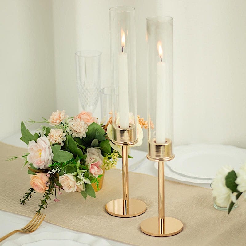 2 Metal Taper Candlestick Holder with Glass Centerpieces