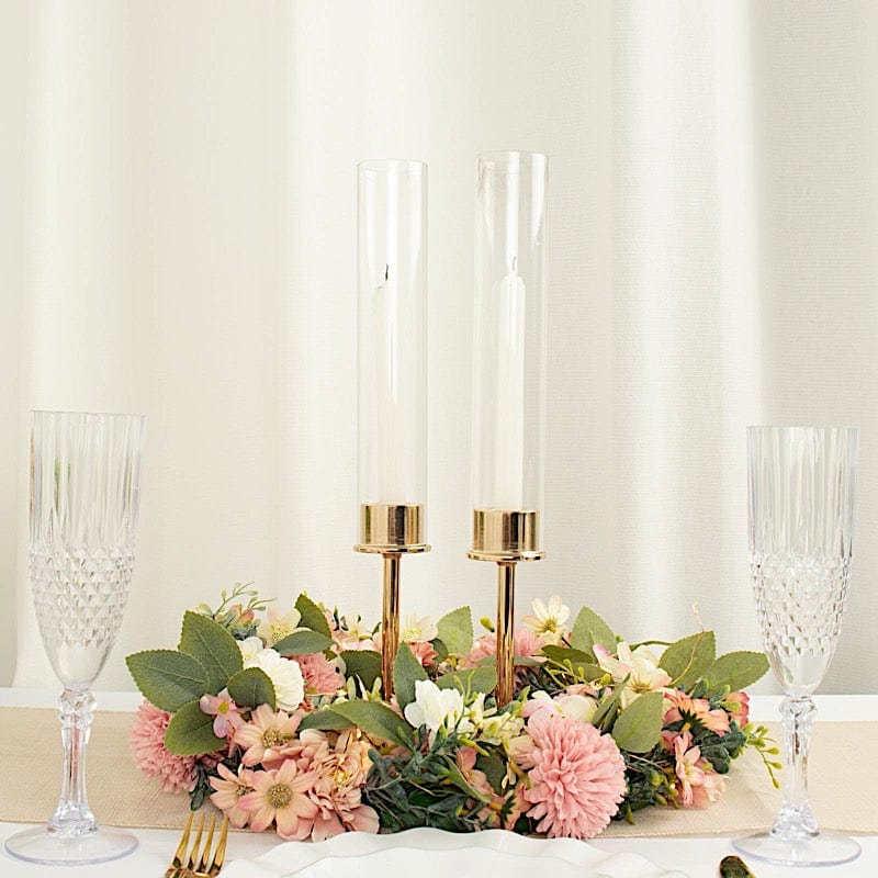 2 Metal Taper Candlestick Holder with Glass Centerpieces