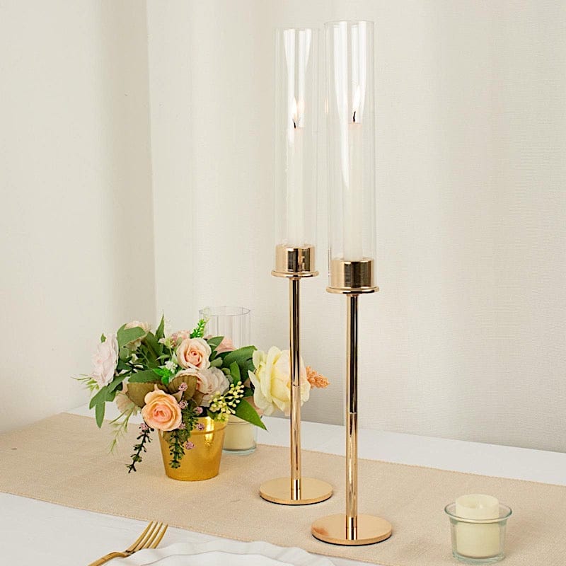 2 Metal Taper Candlestick Holder with Glass Centerpieces