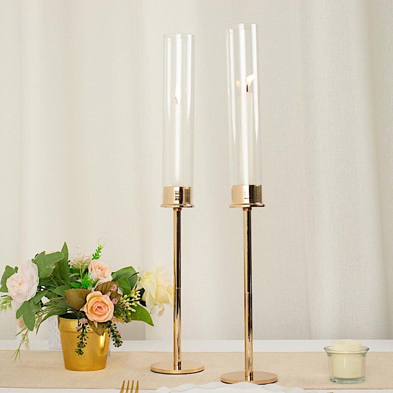 2 Metal Taper Candlestick Holder with Glass Centerpieces