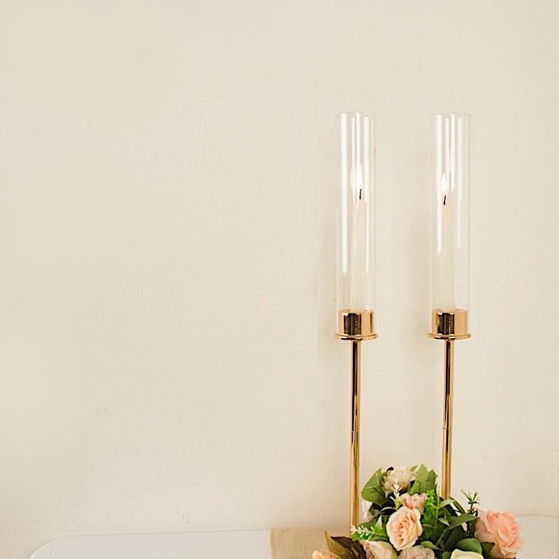 2 Metal Taper Candlestick Holder with Glass Centerpieces