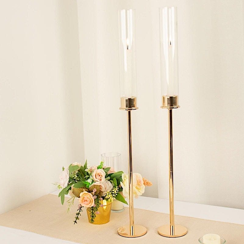 2 Metal Taper Candlestick Holder with Glass Centerpieces