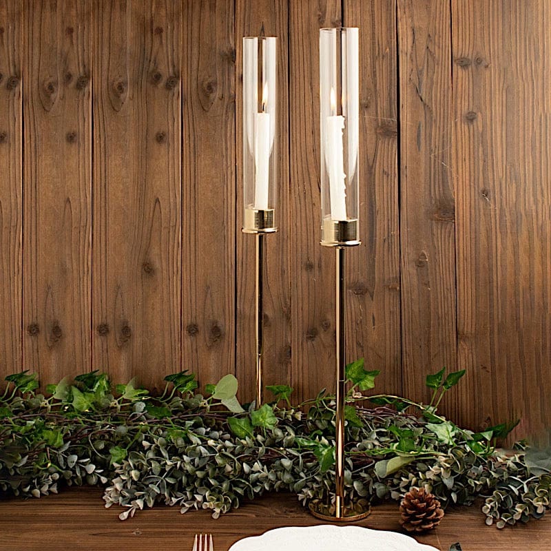 2 Metal Taper Candlestick Holder with Glass Centerpieces