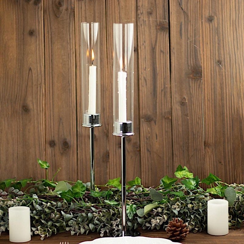 2 Metal Taper Candlestick Holder with Glass Centerpieces